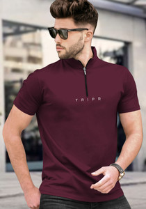 TRIPR Solid Men Henley Neck Maroon T-Shirt