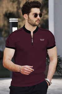 TRIPR Solid Men Henley Neck Maroon Black