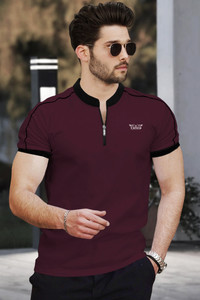 TRIPR Solid Men Henley Neck Maroon Black