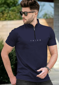 TRIPR Solid Men Henley Neck Navy Blue
