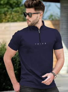 TRIPR Solid Men Henley Neck Navy Blue
