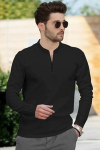 tripr men solid mandarin collar cotton blend black t-shirt