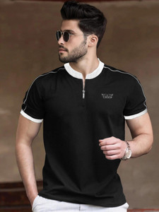 TRIPR Men Solid Mandarin Collar Cotton Blend