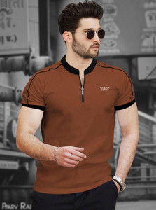 TRIPR Solid Men Mandarin Collar Brown Black