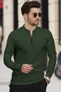 tripr men solid mandarin collar cotton blend dark green t-shirt