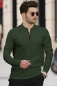 TRIPR Men Solid Mandarin Collar Cotton Blend Dark Green T-Shirt