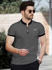 TRIPR Printed Men Mandarin Collar Grey Black