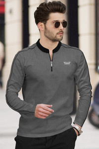 TRIPR Solid Men Mandarin Collar Grey Black