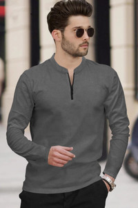 tripr men solid mandarin collar cotton blend grey t-shirt