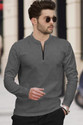 TRIPR Men Solid Mandarin Collar Cotton Blend Grey T-Shirt