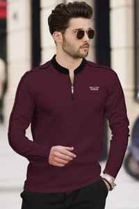TRIPR Solid Men Mandarin Collar Maroon Black