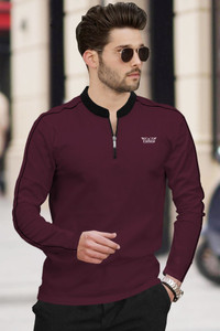 TRIPR Solid Men Mandarin Collar Maroon Black