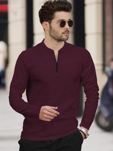tripr men solid mandarin collar cotton blend maroon t-shirt