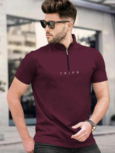 TRIPR Solid Men Mandarin Collar Maroon T-Shirt