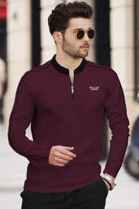 TRIPR Solid Men Mandarin Collar Maroon Black