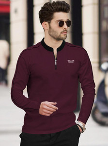 TRIPR Solid Men Mandarin Collar Maroon Black