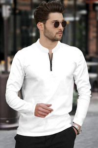 tripr men solid mandarin collar cotton blend white t-shirt