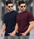 TRIPR Solid Men Navy Blue Maroon T-Shirt