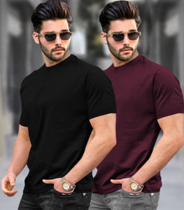 TRIPR Solid Men Round Neck Black Maroon