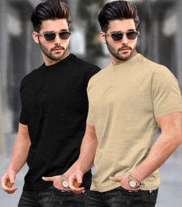 TRIPR Solid Men Round Neck Black Beige