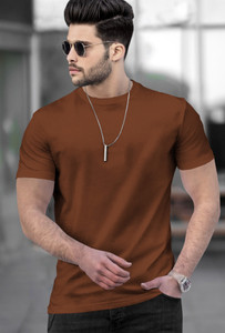 TRIPR Solid Men Round Neck Brown T-Shirt