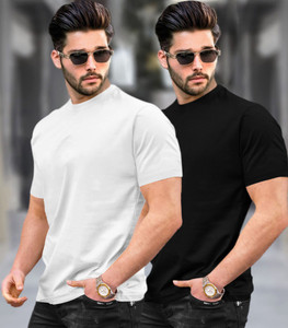 TRIPR Solid Men Round Neck White Black