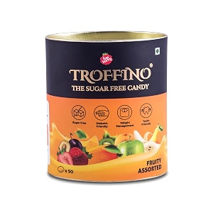 troffino sugar free candy assorted fruit flavored individually wrapped delicious mouth watering candies 4 exciting flavors - orange guava mango strawberry gluten free - pack of 1 50 candies