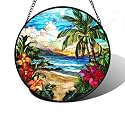 Tropical Hibiscus Beach Stained Glass Window Hanging Suncatcher Gifts 7.8"