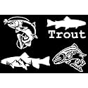 Trout Fishing Decal 4 Pack: Trout Jumping for Fly, Trout, Trout with Mountains, Jumping Trout (White, Small ~3.5")
