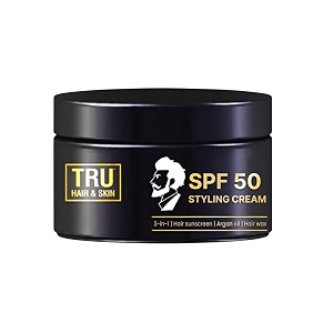 tru hair amp skin spf 50 styling cream  anti dandruff  non-sticky hair gel for men  8 hour hold  hair sun screen 100gm