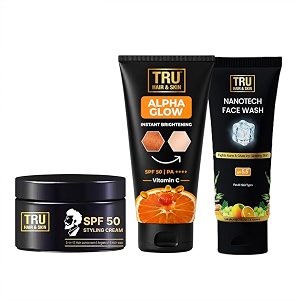 tru hair amp skin spf 50 stylish cream 50gm  alpha glow instant brightening cream 25ml  nanotechnology facewash 50ml combo