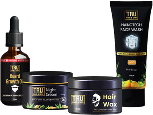 tru hair  skin 4-in-1 mens styling  skincare kit  hair wax 50g beard oil 30ml night cream 50g  nanotech face wash 100ml 4 items in the set