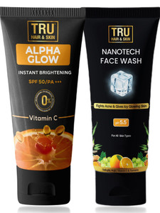 tru hair  skin alpha glow sunscreen with spf-50 50ml  nanotech face wash-100ml 2 items in the set 2 items in the set