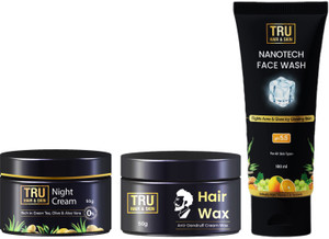 tru hair  skin hydrating night cream 50gm strong hold hair wax 50gm  nanotech face wash 100ml - 3-step care pack 3 items in the set