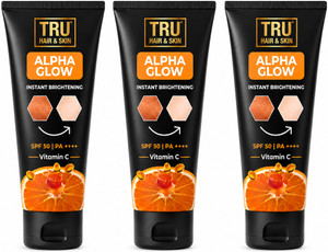 tru hair  skin sunscreen - spf 50 pa alpha glow sunscreen for men -spf 50  instant brightening 150 ml