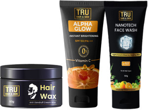 tru hair  skin sunscreen - spf 50 pa alpha glow cream spf50 25ml  hair wax 50g  vitamin c face wash 50ml 125 ml