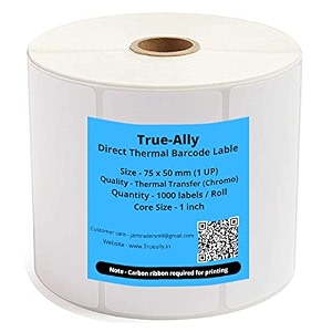 true-ally 75x50 chromo barcode label sticker - 3 x 2 inches - 75mm x 50mm - 1000 labels per roll - self adhesive sticker for printing barcoding ribbon required 1 roll per pack 1000 labels