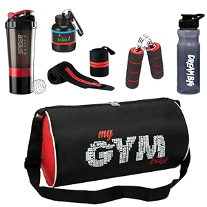 new gym bag combo for men combo set for men and women workout - boost your workout with gym bagwrist band  mini gripper amp whey container bottle sipper bottle gym shaker red