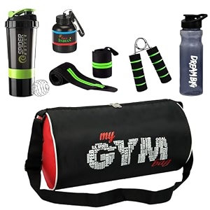 new gym bag combo for men combo set for men and women workout - boost your workout with gym bagwrist bandmini gripper amp whey container bottle sipper bottlegym shaker green