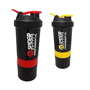 spacial combo of gym shaker bottle 500 ml with 2 storage compartment cup combo for gym pack of 2 multicolour 2