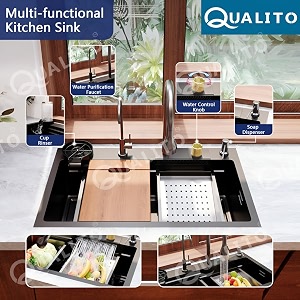 truesink 24x18 multifunction sink  waterfall and 3 type water outlet pull out faucet waterfall kitchen sink  anti scratch honey comb design smart sink with automatic cup washer