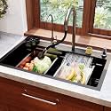 TrueSink 24x18 Multifunction Sink | Waterfall and 3 Type Water Outlet Pull Out Faucet Waterfall Kitchen Sink | Anti Scratch Honey Comb Design Smart Sink with Automatic Cup Washer