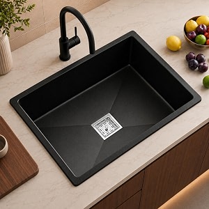 truesink quartz kitchen sink 21x18x9 inches black color with waste coupling amp waste pipe  sound scratch and heat proof single bowl matt finish granite kitchen sink