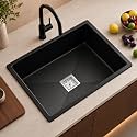 TrueSink Quartz Kitchen Sink 21x18X9 Inches Black Color With Waste Coupling &amp; Waste Pipe | Sound, Scratch and Heat Proof Single Bowl Matt Finish Granite Kitchen Sink