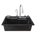 TrueSink Quartz Multifunction Kitchen Sink | 30x20 Inch Black Waterfall Sink | All In One Kitchen Sink | Smart Sink