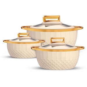 trueware classic inner steel with toughened glass lid casserole set of 3  1000ml1500ml amp 2500ml ivory  pu insulated  bpa free  oduor proof food grade ideal for chapatti  curd maker  hot pot