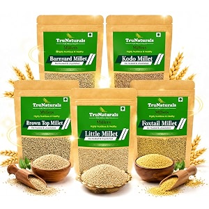 trunaturals unpolished 5 millets combo pack 25kg 500g x 5  foxtail kodo little barnyard amp browntop millet  gluten free high fibre low gi  healthy rice replacement  whole grain for weight management