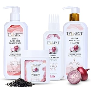 trunext onion black seed hair oil 200ml shampoo 300ml conditioner 300ml mask 200ml combo pack of 4 - onion scent - for all hair types
