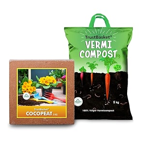 trustbasket organic manure combo of vermicompost 5kg and cocopeat 5kg for all type plants green