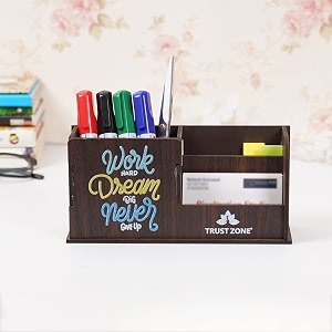 wooden pen stand for study table office  desk organisor  pen holder  visiting card holder for office table stylish 3 compartment brown